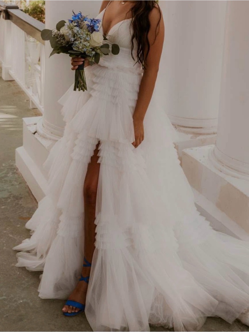 Sherri Hill White Tiered Tulle Gown with Front Slit